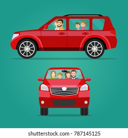 Red car two angle set. Car with family side view and front view. Vector flat style illustration