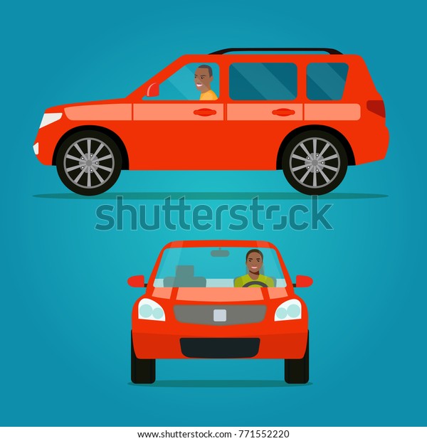 赤い車の2つの角度セット アフロアメリカ人の男性側面と正面図を持つ車 ベクターフラットスタイルのイラスト のベクター画像素材 ロイヤリティフリー