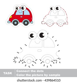 Red car in vector to be traced by numbers. Easy educational kid game. Simple game level. Education and gaming for kids. Vector visual game for children.