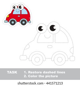 Red car in vector to be traced. Easy educational kid game. Simple level of difficulty. Restore dashed line and color the picture. Trace game for children.