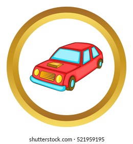 Red car vector icon in golden circle, cartoon style isolated on white background