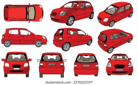 Red Car Vector images are produced from the tracing process. View from side, front, back, top, Perspective