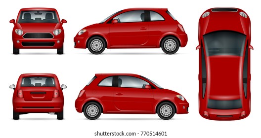 Red car vector mock-up for advertising, corporate identity. Isolated template of mini car on white background. Vehicle branding mockup. Easy to edit and recolor. View from side, front, back and top.