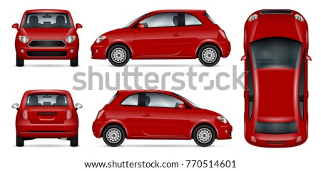 Red car vector mock-up for advertising, corporate identity. Isolated template of mini car on white background. Vehicle branding mockup. Easy to edit and recolor. View from side, front, back and top.