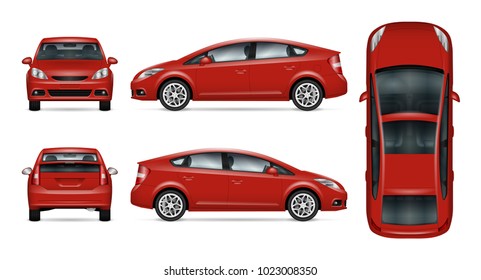 Red car vector mock-up. Isolated template of car on white background. Vehicle branding mockup. Side, front, back, top view. All elements in the groups on separate layers. Easy to edit and recolor