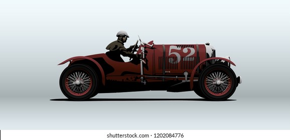 Red car in vector with racer. Shown in side view with perspective.
