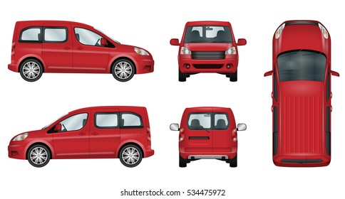 Red car vector template. Isolated family vehicle set on white background. All elements in the groups on separate layers. The ability to easily change the color. View from side, front, back, top.