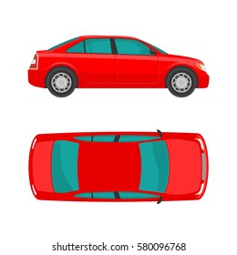 Red Car. View Top And Side. Flat Vector Illustration. Isolated On White Background