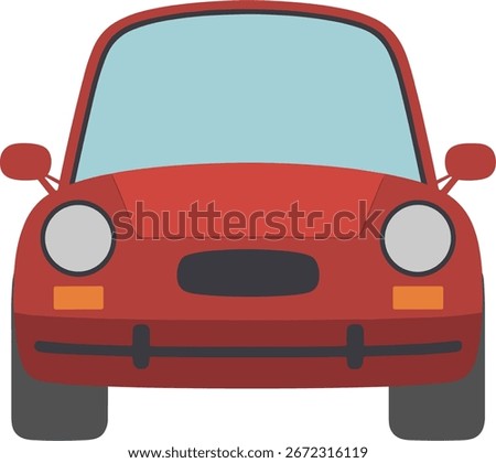 A red car is viewed from the front, featuring a blue windshield, round headlights, and orange turn signals on a white background.