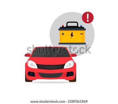 Red car with warning symbol and battery symbol, indicates car battery problem, vector illustration, stock illustration