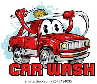 Red car wash cartoon. vector illustration