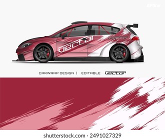 Red car with white and red abstract design suitable for automotive advertisements, car enthusiast blogs, vehicle branding concepts, and transportation themed design projects.