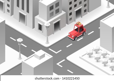 Red car in the white paper town, vector art and illustration.