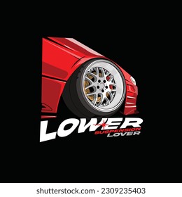 A red car with the word " lower " on it