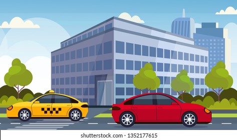 red car and yellow taxi cab driving asphalt road city traffic concept modern office building cityscape background flat horizontal