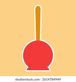 Red caramelized apple, icon or sticker isolated on yellow background, vector illustration for your design.