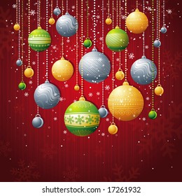 red card with christmas balls, vector illustration