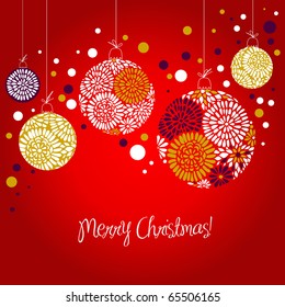 Tarjeta roja con bolas de navidad, ilustración vectorial
