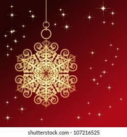 Tarjeta roja con copo de nieve navideño, ilustración vectorial