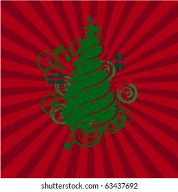 The red card with christmas tree and boxes of gifts