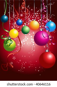 Red card with colorful christmas balls. Vector background