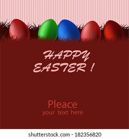 Red card with colorful Easter eggs in the grass and the inscription on a red striped background