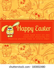 Red card with Easter bunny. Easter bunny card on pattern with hand - drawn eggs, bunnies and chickens.