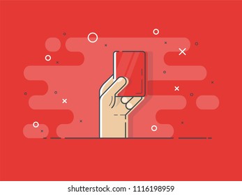 Red card in hand. Referee hand holding red card. Trendy flat vector on red background.