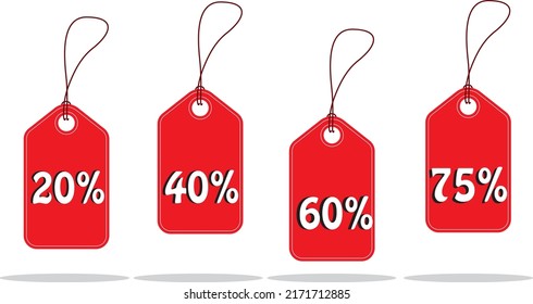 Red card label with discount text and with shadow isolated on white background.
