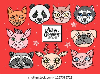 Red card Merry Christmas Set Cute animals heads isolated on red. Vector hand drawn Holiday design characters . French bulldog, deer cat pig owl raccoon panda fox hare