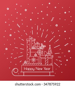 Red card for the new year 2016. Gifts in a sleigh in a retro style on a red background. Hipster style in a thin line