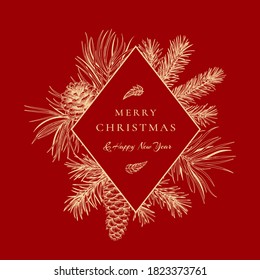 Сhristmas red card with rhombus frame. Botanical illustration with coniferous. Vector sale card. Samba background and golden pattern. 