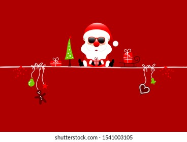 Red Card Santa Claus With Sunglasses And Christmas Icons Red Background