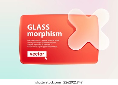 Red card screen in Glassmorphism style with rejection logo. Transparent glass 3D red cross, no, error, block, disapprove, cancel, prohibition, wrong choice, negative, deny icons. Vector UI element.