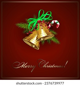 Red card with snowflakes, isolated golden bells, spruce branches.