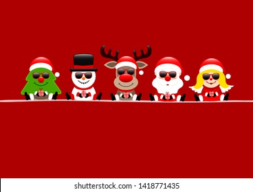 Red Card Tree Snowman Reindeer Santa And Angel With Sunglasses