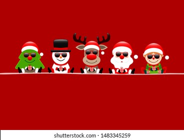 Red Card Tree Snowman Reindeer Santa And Elf With Sunglasses