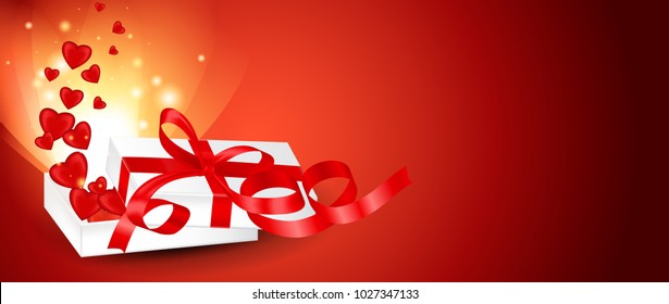 Red card with a white gift box with a red bow and ribbons and red hearts. Romantic poster with a present flashing magical explosion