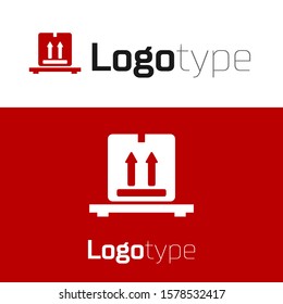 Red Cardboard boxes on pallet icon isolated on white background. Closed carton delivery packaging box with fragile signs. Logo design template element. Vector Illustration