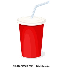 Red cardboard cola cup with a straw isolated on white background. Vector