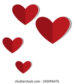 Red cardboard hearts with word love isolated on white background