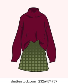 Red Cardigan Jacket with Green Skirt, Autumn look. Illustration for magazines and shops