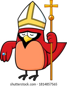 Red Cardinal Bird Cartoon Character Holds A Wand With Cross. Vector Illustration Isolated On White Background
