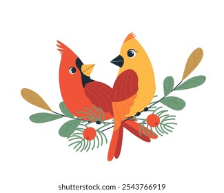 Red cardinal bird flat vector illustration isolated on white background. Cartoon comic northern male and female cardinal birds, couple in love looking to each other. Bird Watching, winter birds.