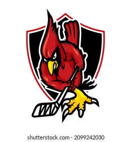 Red cardinal bird hockey esport logo on white background Design element for logo, poster, card, banner, emblem, t shirt. Vector illustration. 