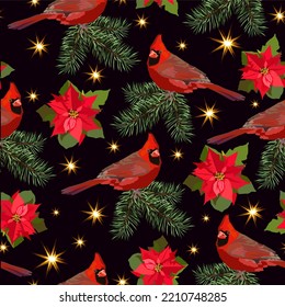 Red Cardinal Bird on Christmas Tree branch and Poinsettia Flower vector seamless pattern. Holiday background.