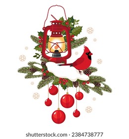 A red cardinal bird on a fir branch with a vintage red lantern and Christmas balloons. Vintage lamp decorated with holly, mistletoe, spruce branches with a crested bird. Illustrated vector clipart.