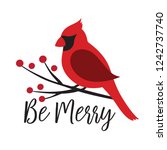 Red Cardinal bird on a winterberry branch vector illustration. Christmas Winter bird on a tree graphic.