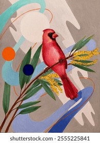 Red Cardinal bird painting. Abstract background, mimosa tree, mimosa branch, mimosa flower. Abstract art for wall framed prints.