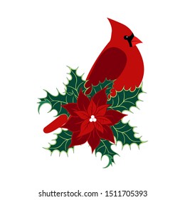 
Red Cardinal bird, poinsettia flower and holly leaves. Christmas design element. Festive vector illustration.